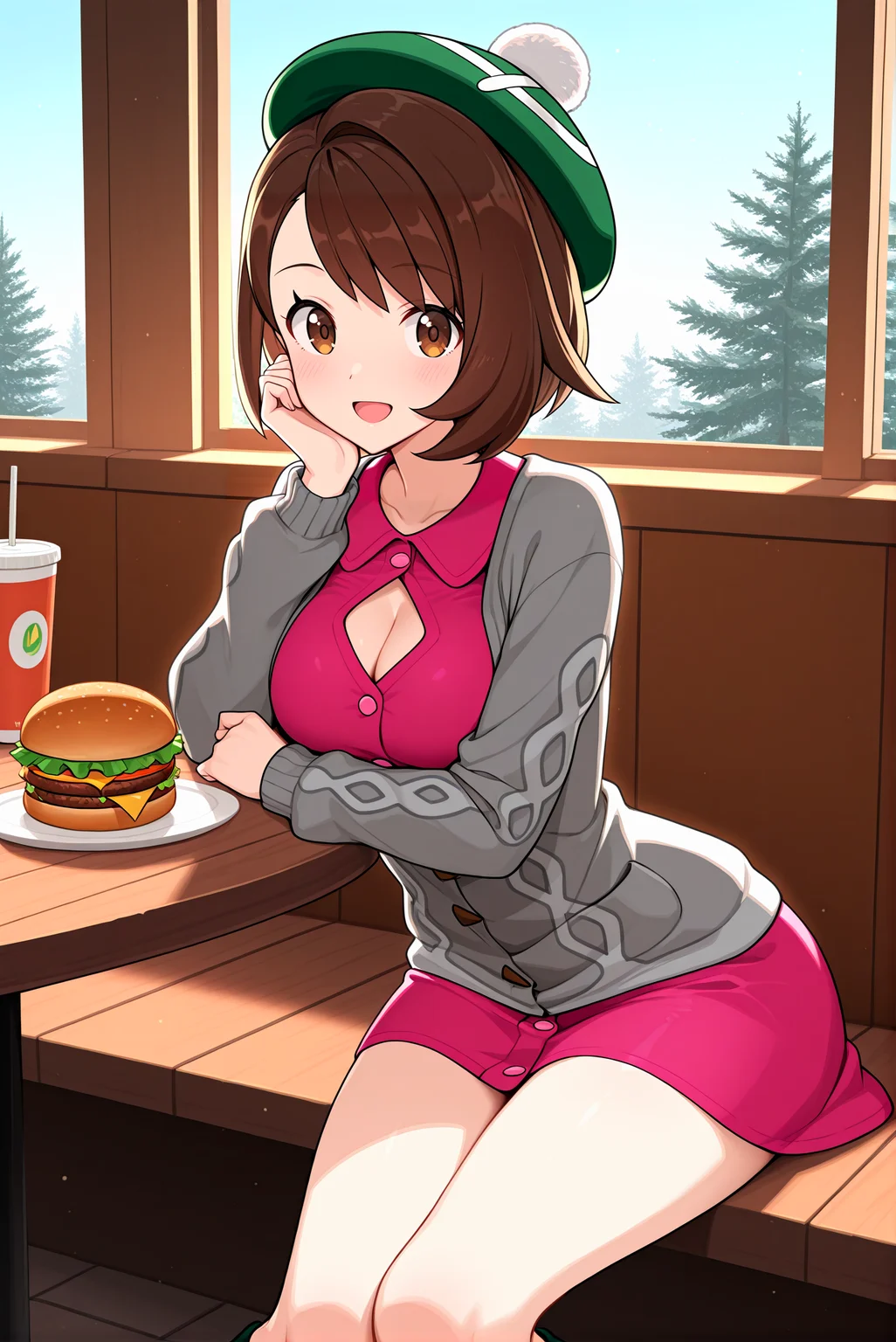 masterpiece, best_quality, high_details,
1girl, solo,
<lora:P-IL-Gloria:1>, gl0r14, brown_hair, brown_eyes,
green_headwear, hat, tam_o_shanter, green_socks, grey_cardigan, pink_dress, collared_dress, buttons, cardigan, dress, cleavage, revealing_clothes, tight_outfit,
sitting, medium_breasts, curvy, sexy_pose,
open_mouth, loving_smile, looking_at_viewer, romantic_expression,
burger_on_table, dining_table, facing_viewer, date_at_restaurant,
restaurant_background, warm_lighting, wooden_table, cozy_atmosphere, windows, blue sky, trees,