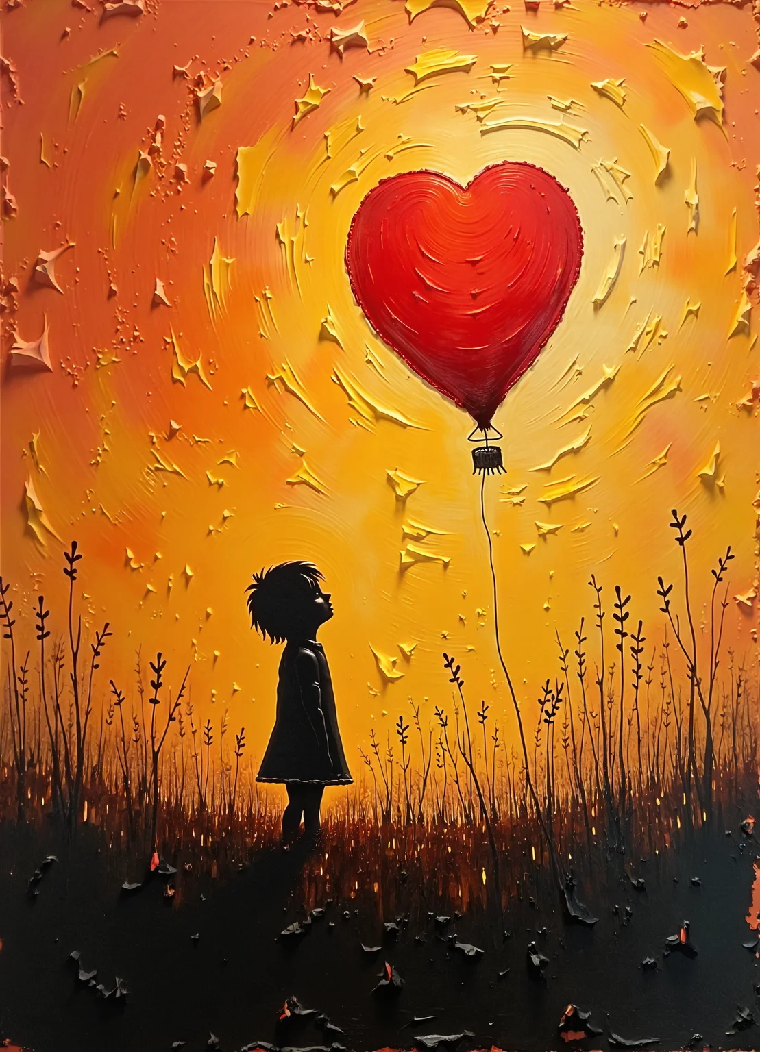 A textured oil painting with heavy impasto technique. A lone child silhouette stands in a field, gazing up at a large red balloon against a dramatic orange and gold sky. The background features rough, layered brushstrokes creating a rich, tactile surface. Dark grass in the foreground contrasts with the warm, glowing atmosphere. Moody, nostalgic scene with strong use of color and texture to convey emotion
