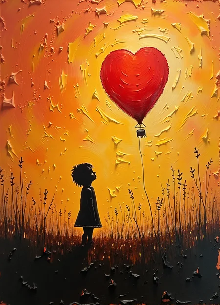 A textured oil painting with heavy impasto technique. A lone child silhouette stands in a field, gazing up at a large red balloon against a dramatic orange and gold sky. The background features rough, layered brushstrokes creating a rich, tactile surface. Dark grass in the foreground contrasts with the warm, glowing atmosphere. Moody, nostalgic scene with strong use of color and texture to convey emotion