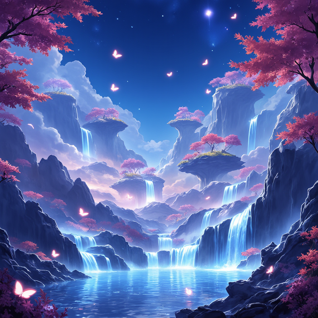 <lora:FLUXHoyoverse_art_style:1> hvstyle,  <lora:Hand v2:1> hand, detailed hand, perfect hand, : Viral anime nature wallpaper in 4K quality, in the style of digital illustration
inspired by Satoshi Kon, depicting a dreamlike garden with floating islands, waterfalls
cascading down, and glowing butterflies; surreal and vibrant color temperature, cosmos
lighting with stars twinkling in the sky, no human characters, the atmosphere is surreal and
mesmerizing --v 5 --stylize 1000
