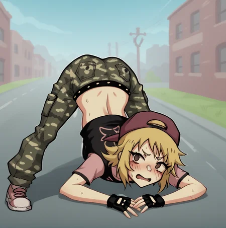 full body, best quality, best anatomy, BREAK
score_9, BREAK
outdoors, street, BREAK
1girl, solo, jay_lg, hat, blonde hair, fingerless gloves, crop top, midriff, camo pants, belt, embarrassed, blush, jack-o' challenge, BREAK
<lora:Jay_Lacey_Games:1>