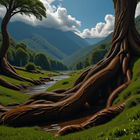chocoslime, tentacle, a mighty tree in a park, green meadow, forest, mountains, blue sky, white clouds, strong big roots, gras, river, nature