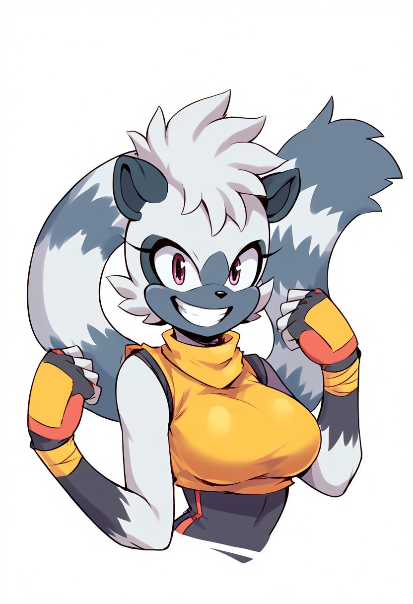 score_9, score_8_up, score_7_up, source_anime, tangle the lemur (sonic), tangle the lemur, large breasts, big breasts, short, adorable, excited, looking at viewer, adventurous, eager, blank background, white background, short sleeved black bodysuit, yellow sleeveless crop top, big grin, happy,  yellow wrist tape, black fingerless gloves, big eyes,