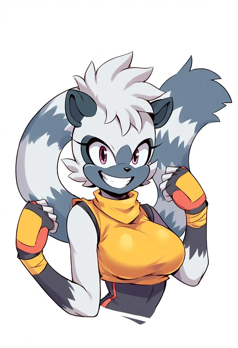 score_9, score_8_up, score_7_up, source_anime, tangle the lemur (sonic), tangle the lemur, large breasts, big breasts, short, adorable, excited, looking at viewer, adventurous, eager, blank background, white background, short sleeved black bodysuit, yellow sleeveless crop top, big grin, happy, yellow wrist tape, black fingerless gloves, big eyes,