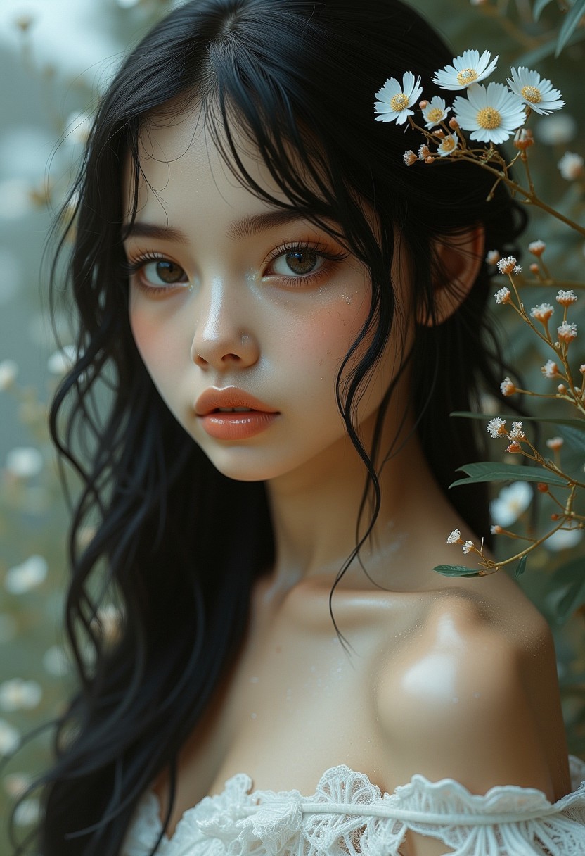 This is a highly detailed, digital artwork featuring a young woman with a surreal, ethereal quality. The artwork is rendered in a hyper-realistic, dreamlike style, blending elements of fantasy and nature. The subject is a young woman with porcelain skin and a delicate, almost ethereal appearance. She has long, dark hair cascading around her shoulders and striking, almond-shaped eyes with a soft, dreamy gaze.