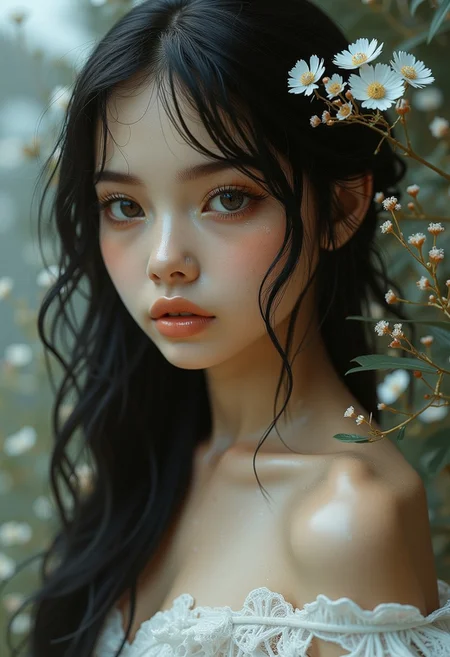 This is a highly detailed, digital artwork featuring a young woman with a surreal, ethereal quality. The artwork is rendered in a hyper-realistic, dreamlike style, blending elements of fantasy and nature. The subject is a young woman with porcelain skin and a delicate, almost ethereal appearance. She has long, dark hair cascading around her shoulders and striking, almond-shaped eyes with a soft, dreamy gaze.