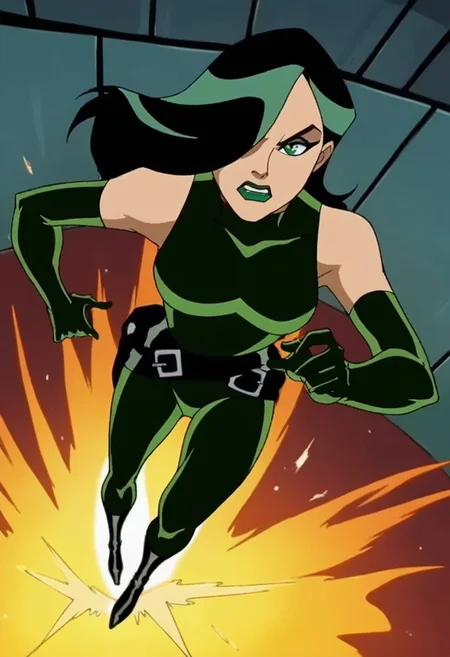 1girl, score_9, score_8_up, score_7_up, masterpiece, high quality, western cartoon, neon lighting, very detailed, depth of field, cinematic illumination, volumetric lighting, full color picture, vibrant colors, solo, alone, cute face,
emhviper, green hair, hair cover one eye, green lips, green bodysuit, green gloves, black belt, black boots, makeup, two-tone hair, multicolored hair, elbow gloves,
action, facing forward, full body, jumping at viewer, serious, explosion, jumping out of explosion, looking at viewer,