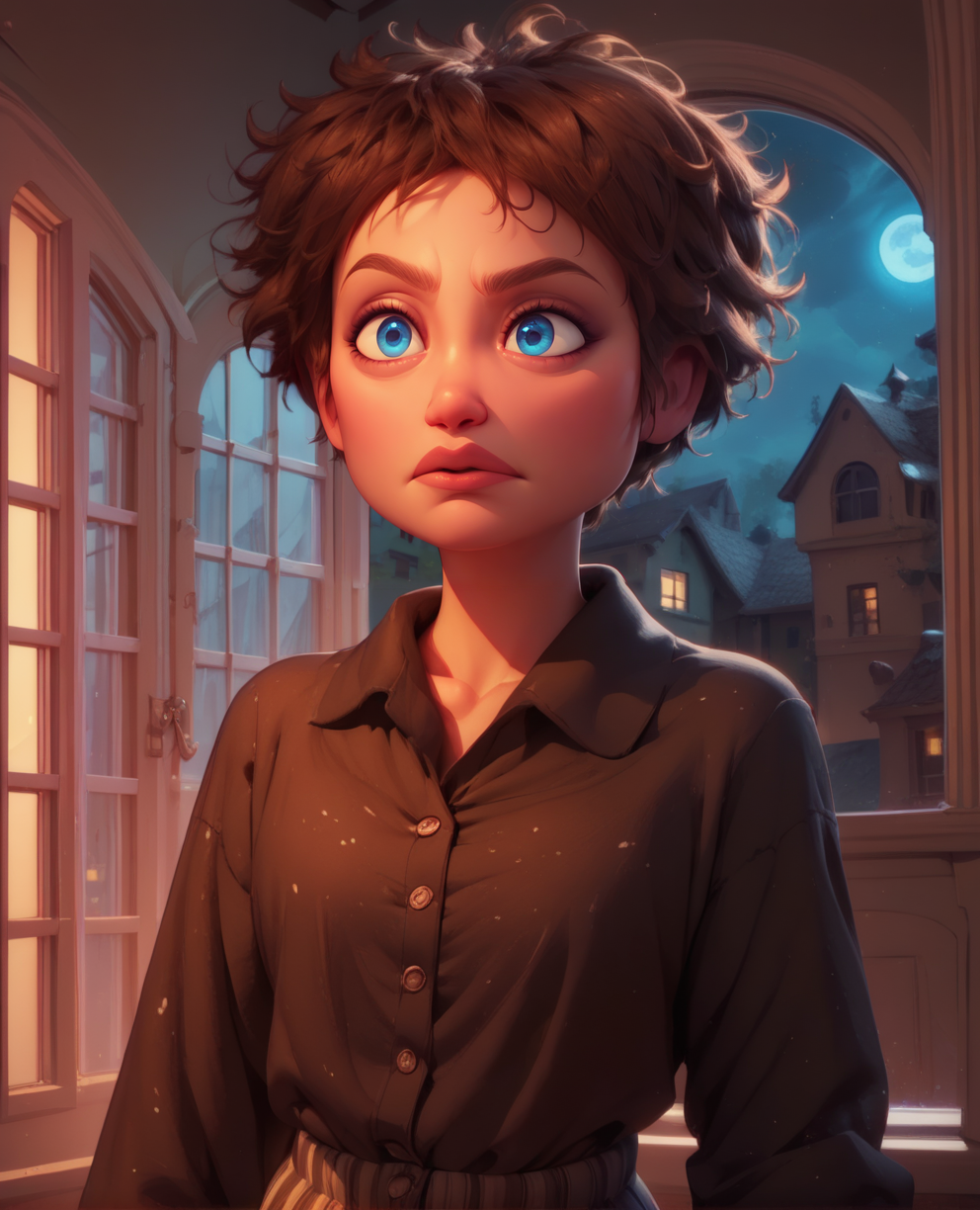 score_9,score_8_up,score_7_up,score_6_up,
Evelynxl,short brown hair,blue eyes,messy hair,black pajamas,pants,
standing,upper body,
window,night,indoors,
<lora:EvelynXL:1>,