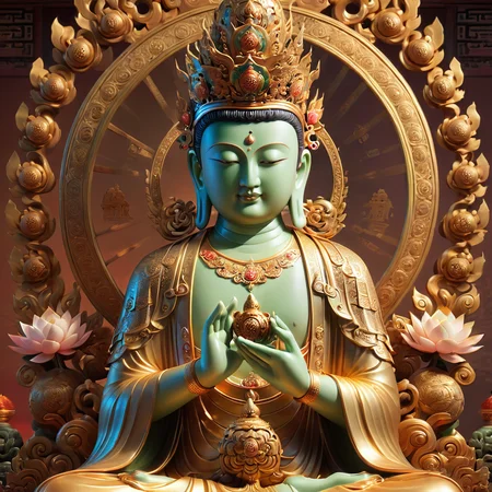 <lora:SDXLä½åå¤©å å½åè©è©:0.7>,, Maitreya of the Heavenly Crown, tall and elegant in appearance, wearing a crown of five Buddhas, a large Dharma wheel with Buddha's light behind his head, wearing a cassock with delicate patterns, bare right arm, fearless seal in his right hand, holding a lotus in his left hand, sitting on a lotus seat, dressed as an ancient monk, Peaceful expression, (gold, gorgeous details, brilliance), aura, ethereal atmosphere, (best quality, 4k, 8k, high resolution, masterpiece: 1.2), ultra-detailed, (realistic: 1.37), traditional Buddhist art, texture Rich, vibrant colors, warm lighting, sunrise background, sparkling, delicate features, 3D rendering, cloisonnÃ©, 8K, best quality, blurred, bokeh, depthoffield, filmgrain, glisteningskin, HDR, highres, Kodakportra400, lens flare, masterpiece, photography,   RAW photo, realistic, shar pfocus, ultra detailed, ultra highres, vibrant color, ((Best Quality)),((Masterpiece)),(Details),jade carving,(amethyst:0.5),gold and jade carving,lifelike details,very good light transmittance,Jade,three-dimensional,3D,blender,C4D,<lora:å¾®ç¸®çç³å±±æ°´ç«shanshui:1>,