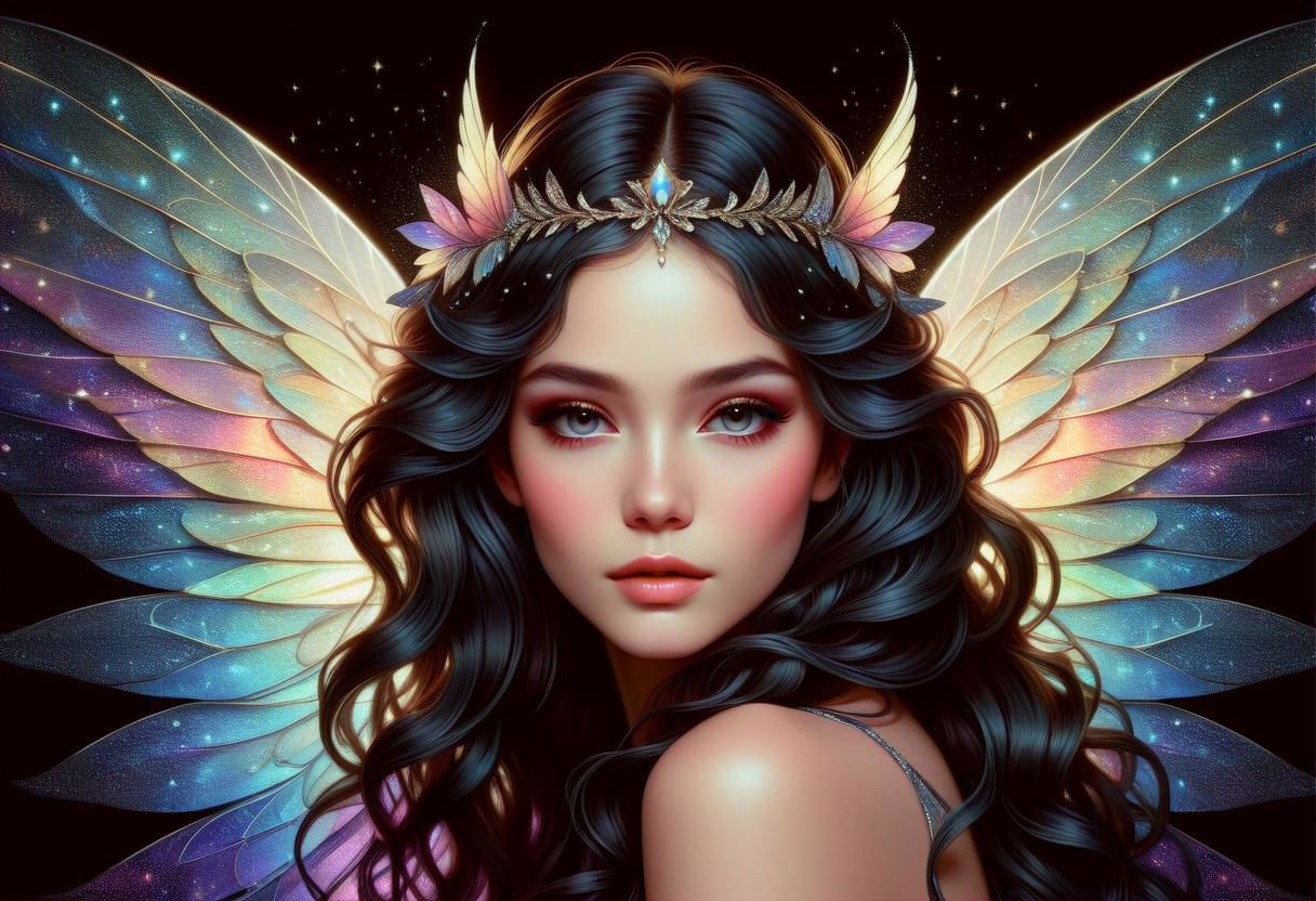 hyper detailed beautiful sugar fairy, coherent delicate face, wavy luxurious hair, intricate iridescent wings, on black velvet canvas, centered composition, rule of thirds, drop shadowed, art by charlie bowater, anna liwanag, tom wood, keith garvey