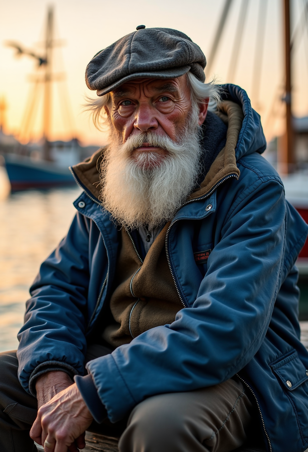 A professional portrait photograph of an old fisherman sitting on the edge of a weathered dock at sunset in a quiet harbor. The fisherman is an elderly man with a long, flowing white beard that contrasts against his deeply wrinkled skin, each line on his face telling a story of years spent at sea. His thick eyebrows shadow his sad, introspective eyes, filled with memories and wisdom. He wears a woolen cap, slightly worn and frayed, along with a heavy blue marina caban jacket that is faded from years of use. The wool fabric appears textured and thick, protecting him from the coastal chill. His hands, resting on his knees, are rough and calloused, adding to the sense of a life hard-lived. The background features soft, golden hues of the setting sun reflecting off the calm water, boats gently bobbing in the distance, and seagulls circling the sky. The lighting is natural and warm, casting a soft glow on the fisherman's face and creating a sense of serenity, nostalgia, and melancholy. The image is captured with a high level of detail, showing the intricate textures of his clothing, his weathered skin, and the wooden dock beneath him. The overall mood of the portrait is peaceful yet somber, evoking a deep emotional connection to the subject and his life by the sea. The photograph is an 8k HDR image with a rich, cinematic feel, blending realism and artistic beauty, similar to fine art photography.
