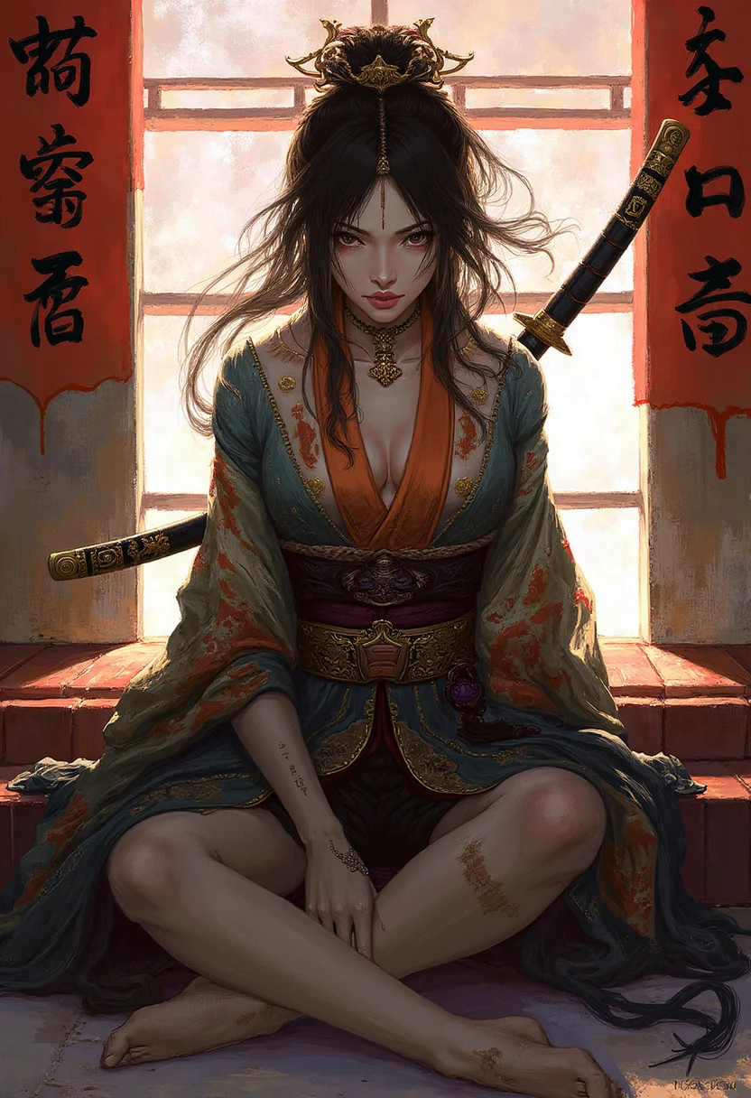 anime - style illustration of a woman sitting on a floor with a sword, onmyoji detailed art, female samurai, onmyoji portrait, feudal japan art, cushart krenz key art feminine, olchas logan cure liang xing, style of jordan grimmer, jordan grimmer and james jean, onmyoji, by Jeremy Chong,