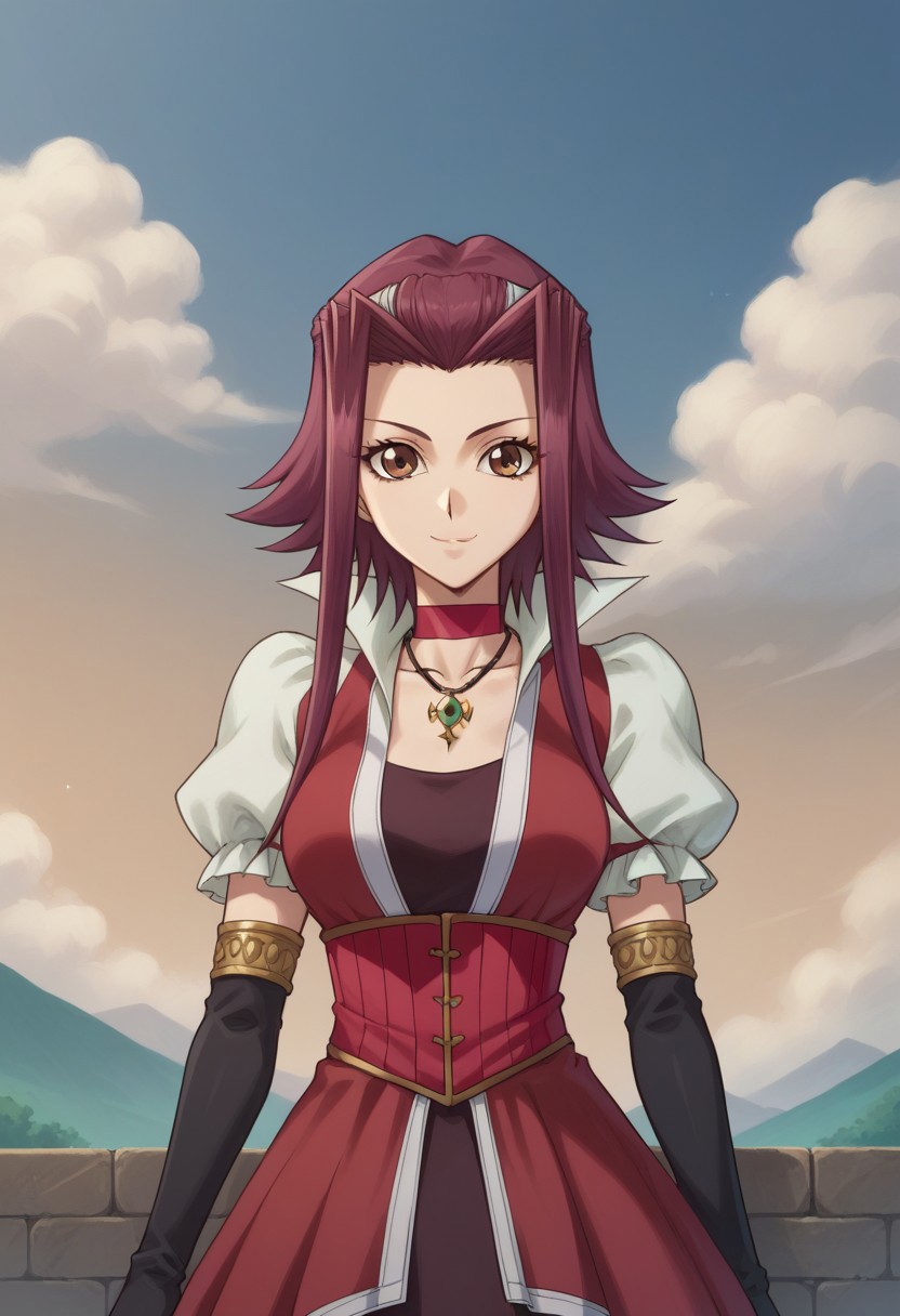 score_9, score_8_up, score_7_up, source_anime, highly detailed, 
akiza, 1girl, solo, gloves, elbow gloves, jewelry, fingerless gloves, red hair,
necklace, brown eyes, choker, black gloves, short hair with long locks,
looking at viewer, dress, red dress
outdoor, sky, cloud, smile,
