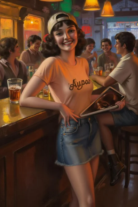rolfarmstrong1 illustration.
The air buzzes with the energy of a busy bar, a mix of music, conversation, and the clinking of glasses. A barmaid, the embodiment of youthful vibrancy, navigates the lively scene. She wears a peach-coloured T-shirt, the soft fabric contrasting with the smooth, cold glass of coke she carries on a small tablet. Her short skirt adds a playful touch, and a backwards baseball cap hints at a carefree attitude. The setting and atmosphere are palpable: the warm, slightly sticky surface of the bar counter under her fingertips, the dim, colourful lighting that casts playful shadows. Sensory details are abundant: the condensation forming on the glass of coke, the texture of her denim skirt, and the way the bar lights catch the highlights in her hair. Her confident stride, her quick smile, and her efficient movements. Stylistically, the image draws inspiration from the vibrant, candid shots of nightlife photographers, with a touch of the stylized realism found in contemporary illustration. There's a deliberate contrast between the barmaid's youthful energy and the slightly worn, lived-in atmosphere of the bar, creating a dynamic and engaging image. <lora:rolfarmstrong1_cap_d8a4:1.0><lora:862809318867621878:0>