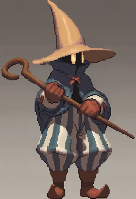 masterpiece, best quality, solo, 1boy, looking at viewer, <lora:Ziggy-illus_Fp:1>, ziggy, yellow eyes, shaded face, faceless, no mouth, wizard hat, striped pants, cloak, robe, gloves, puffy pants, boots, holding staff, <lora:KOF-XIII-Sprites-illus_Fp:1>, simple background, pixel art, full body,
