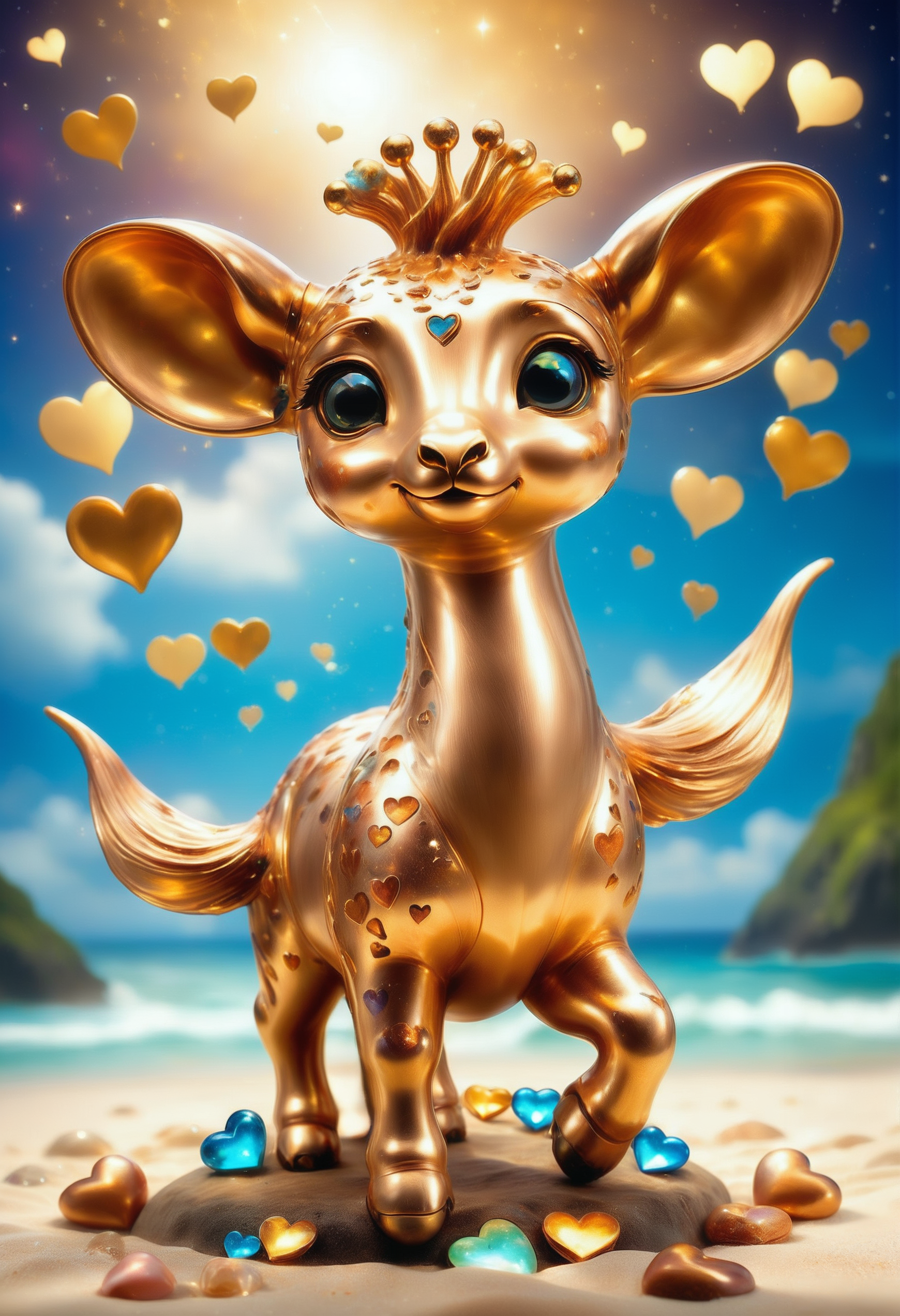 a cute zhibi domestic animal <lora:zhibi:0.8> made out of Jed-ANC <lora:ArtNouveauCopperStyle:0.9>, cuteness overload, surrounded by stardust and floating hearts <lora:heartmiststyle:0.5> in a starLS fantasy landscape <lora:stardustlandscapes-000006:0.7>, beach and fungus background, highly contrasted, holy, highly enhanced, epic composition
