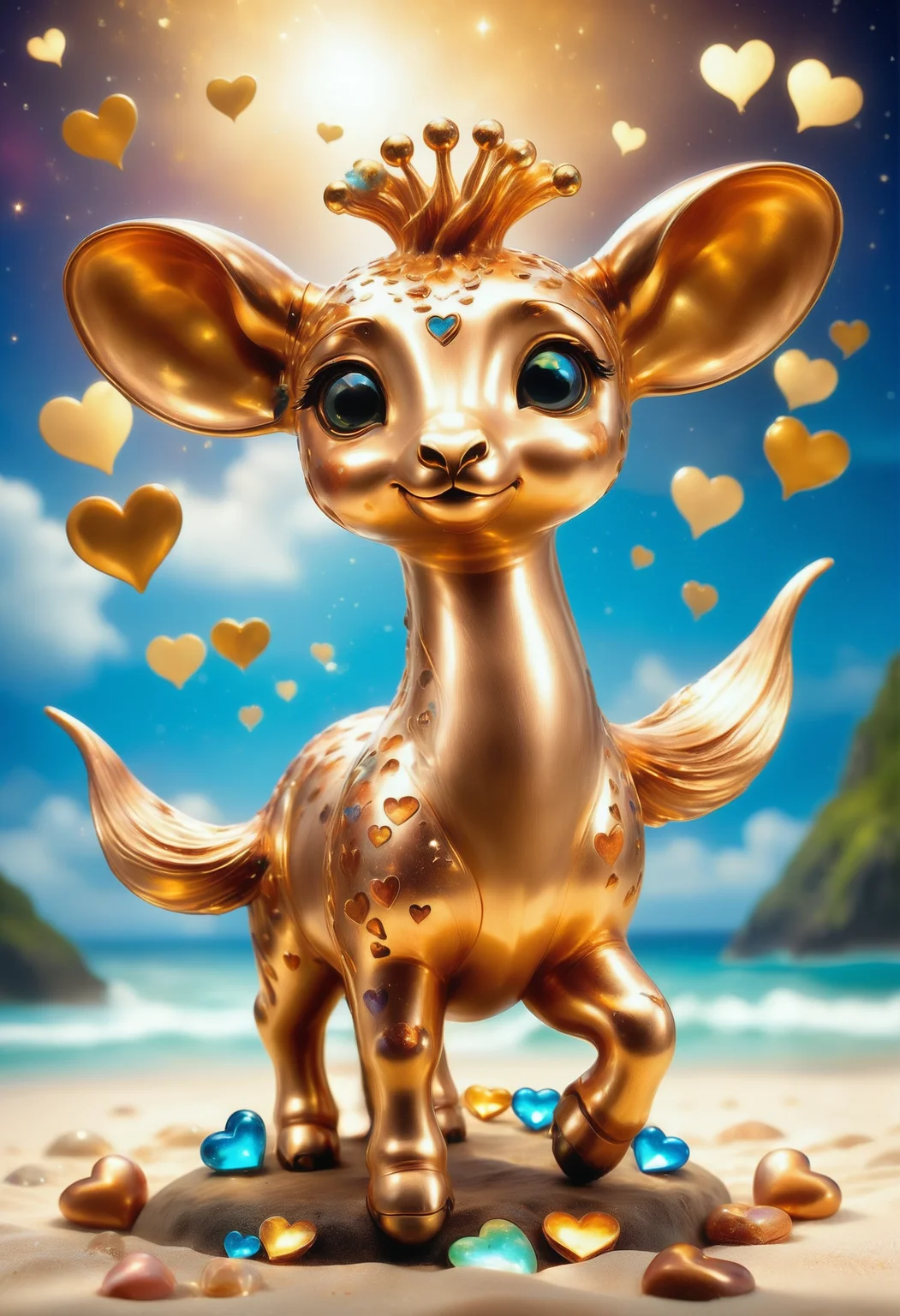 a cute zhibi domestic animal <lora:zhibi:0.8> made out of Jed-ANC <lora:ArtNouveauCopperStyle:0.9>, cuteness overload, surrounded by stardust and floating hearts <lora:heartmiststyle:0.5> in a starLS fantasy landscape <lora:stardustlandscapes-000006:0.7>, beach and fungus background, highly contrasted, holy, highly enhanced, epic composition