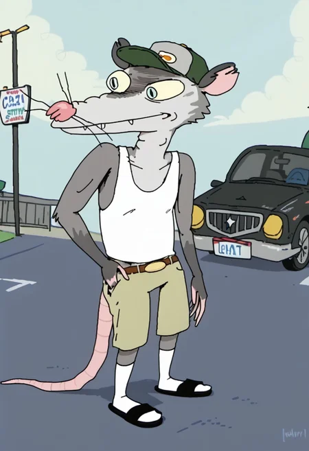 Score_9, score_9_up, solo, 1boy, furry, animal, oppossum, pink nose, blue eyes, grey fur, rat tail, opossum tail, animal ears, tank top, cap, green cap, shorts, socks, flip flops, sandals, wiskers, standing, highway background