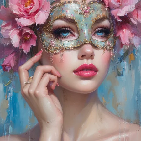 ArsMJStyle, ((Impressionism )), Mask , 1girl, solo, flower, portrait, blue eyes, mask, lips, makeup, mole, pink flower, looking at viewer, hair flower, hair ornament, red lips, lipstick, closed mouth, eyelashes, mole under eye, bug, rose, red flower, butterfly