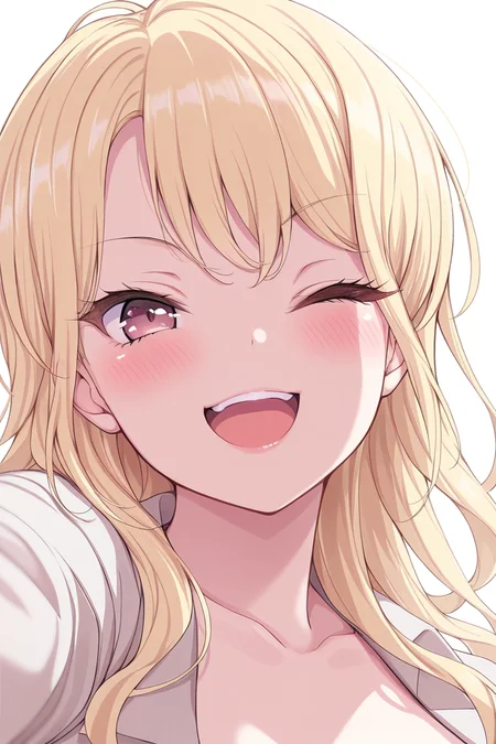 masterpiece, best quality, amazing quality,
<lora:Touko_IL:1> touko, 1girl, one eye closed, solo, blonde hair, smile, open mouth, blush, white background, portrait, looking at viewer, simple background, bangs, ;d, teeth, upper teeth only, gyaru