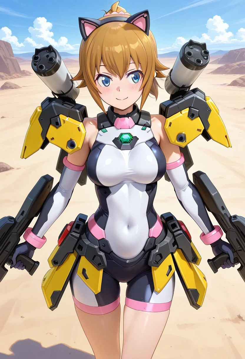 masterpiece,anime_coloring,anime_clothing,best_quality,avatar_fumina,solo, blue eyes, brown hair, short hair, hoshino fumina, medium breasts , cat ears, elbow gloves, bodysuit, covered navel, armor, bike shorts, skin tight,yellow shoulder armor, yellow waist armor, weapon,shoulder cannon,thruster,energy gun,blush face,smile,outdoor,