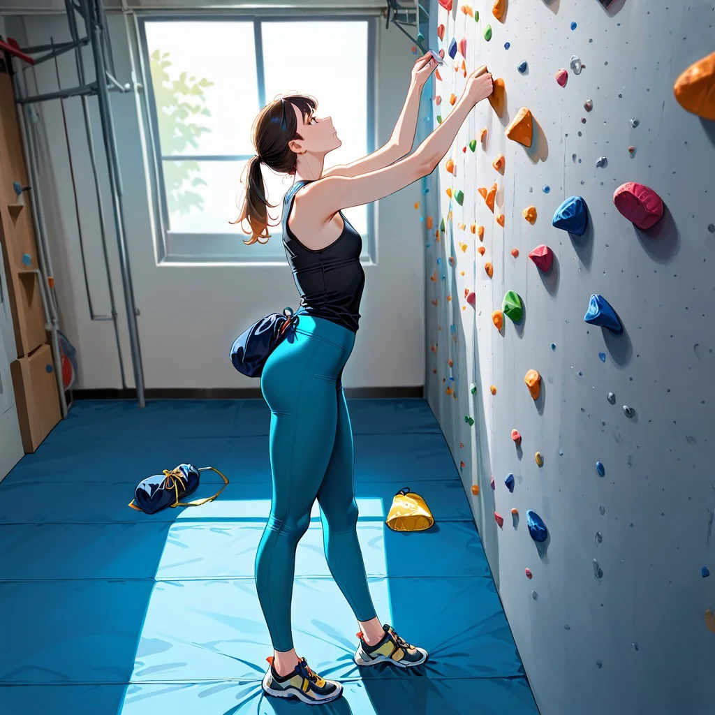 (masterpiece, newest, best quality, highly detailed, very awa, very aesthetic, ultra detailed, realistic),  hyperrealistic, (UHD quality details), 1girl, climbing_wall, full body view, 1girl, standing, from side, looking up, climbing_leggings, chalk_bag, climbing_shoes, tank top, small breasts, ponytail, indoors, depth of field, 8k uhd, absurdres, volumetric lighting, tack sharp focus, beautiful composition, intricate detail, professional illustration
