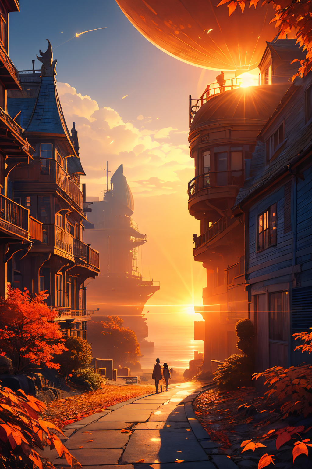 (Realistic:1.5) airship, knife, blue sky, fog, sun, full moon, male focus, 6+others, monster, from behind, orange sky, ocean, sunbeam, arch, indoors, orange sky, lens flare, street, autumn leaves, fireflies, <lora:EdobSyFyHorrorFairyTale_v1.0:0.8>