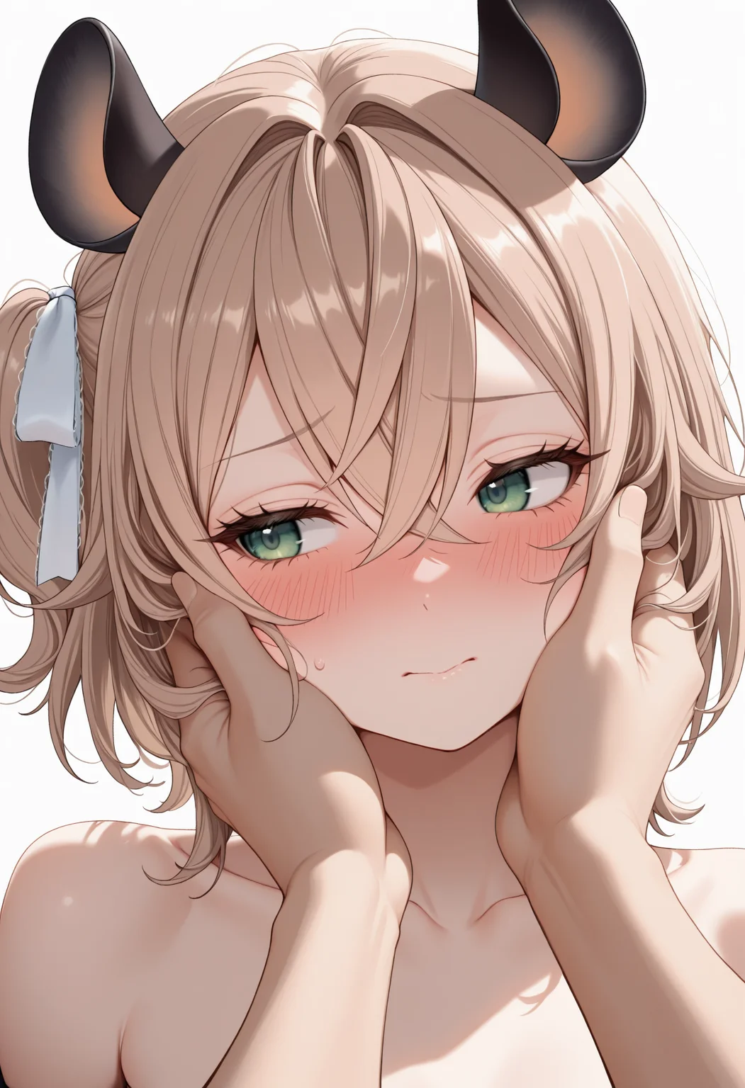 masterpiece, best quality, 1girl, solo, green eyes, light brown hair, medium hair, crossed bangs, one side up, hair ribbon, white ribbon, animal ears, bare shoulders, collarbone, portrait, pov hands, hand on another's face, blush, averting eyes, embarrassed, eyelashes, <lora:ChamNimiNightmareV2Noob:1>