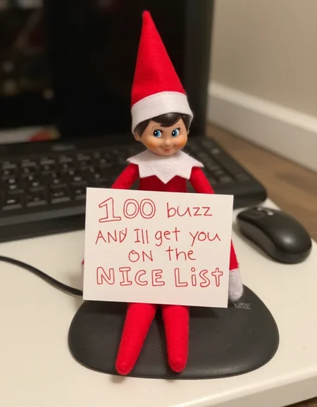 A elf-on-the-shelf boy wearing a red outfit sits on a computer mouse pad and holds a sign that has text "100 buzz and I'll get you on the nice list". <lora:elf-on-the-shelf_v71-000030:1>