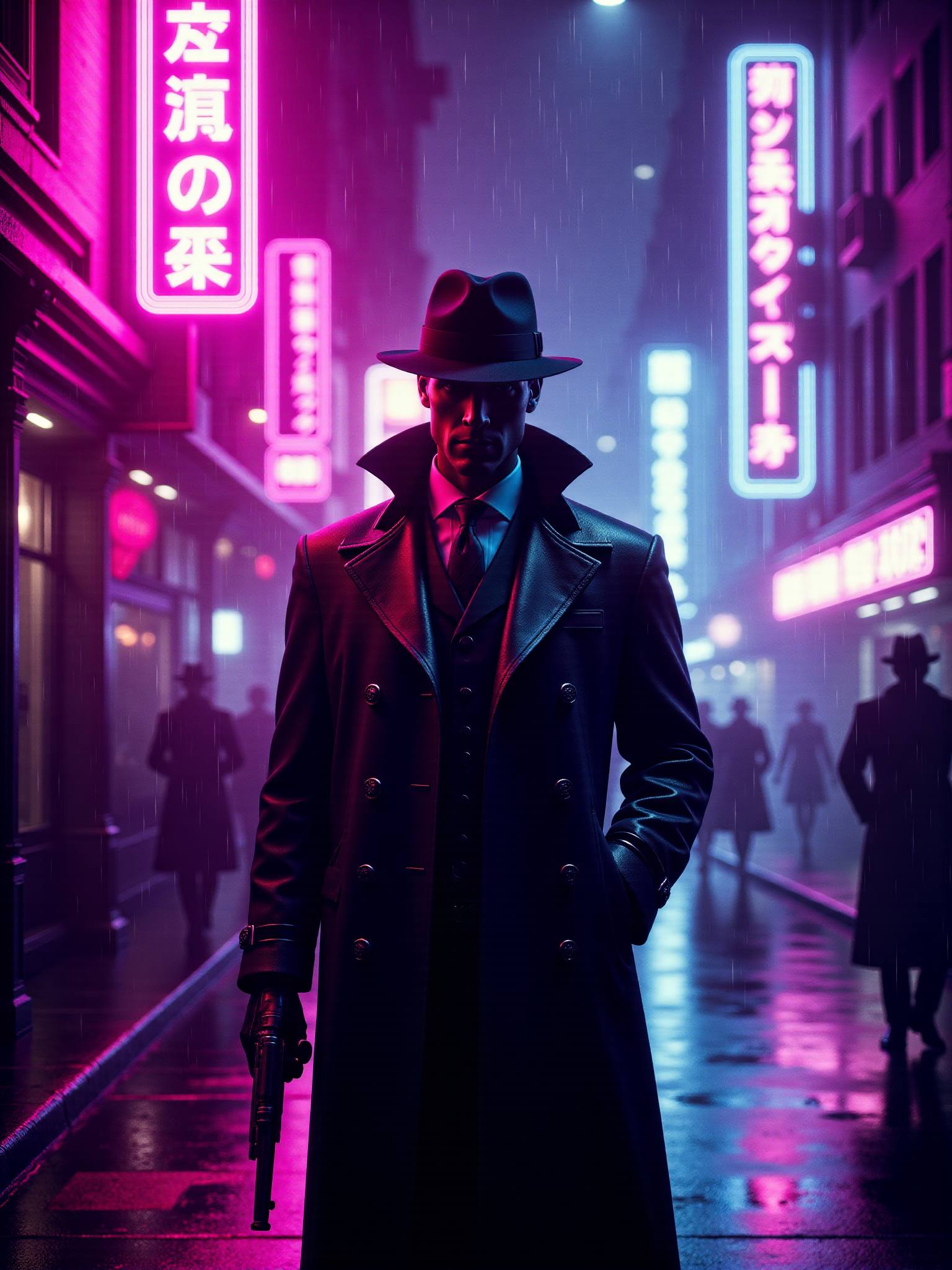 magenta neon signs "NEON NOIR by madcaddie", man holding a rifle wearing a futuristic trenchcoat, rain, cyberpunk street scene, 1940s, mad-neon-noir  <lora:Neon_Noir_FLUX:0.7>