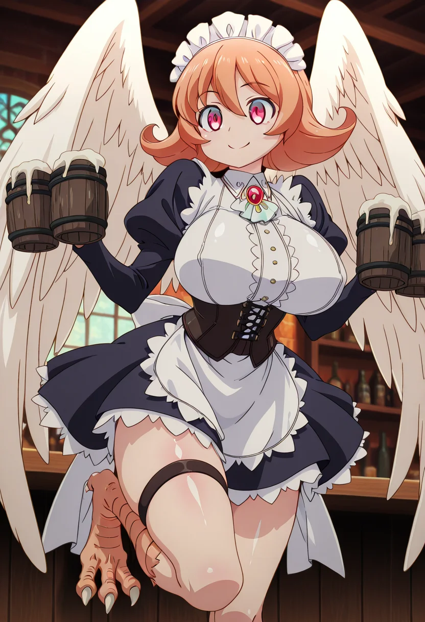 anime screencap, anime coloring, anime colored background, detailed background, detailed face, shiny skin, shiny hair, absurdes, highres, dynamic pose, masterpiece, best quality, official art, cel shaded, graphic illustration, digital painting, CGI, very detailed, amazing quality, intricate details, dynamic pose, HDR, UHD, 8K, Fineline illustration, Highly detailed, ultra-fine painting, sharp focus, Professional, Vivid Colors
BREAK
<lora:Meidri_Illustrious:1>, Meidri, 1girl, solo, white feathered wings, short hair, orange hair, hair between eyes, bangs, flipped hair, red eyes, two-toned eyes, pink eyes, bird legs, talons, large breast, maid headdress, Juliet sleeves, white maid apron, brooch, corset, thigh strap, standing, holding mugs, smile
BREAK
inside, bar, daytime, windows, <lora:add-detail-xl:1> <lora:DetailedEyes_V3:1> <lora:hand 5.5:1>