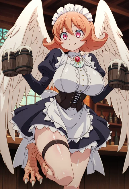 anime screencap, anime coloring, anime colored background, detailed background, detailed face, shiny skin, shiny hair, absurdes, highres, dynamic pose, masterpiece, best quality, official art, cel shaded, graphic illustration, digital painting, CGI, very detailed, amazing quality, intricate details, dynamic pose, HDR, UHD, 8K, Fineline illustration, Highly detailed, ultra-fine painting, sharp focus, Professional, Vivid Colors
BREAK
<lora:Meidri_Illustrious:1>, Meidri, 1girl, solo, white feathered wings, short hair, orange hair, hair between eyes, bangs, flipped hair, red eyes, two-toned eyes, pink eyes, bird legs, talons, large breast, maid headdress, Juliet sleeves, white maid apron, brooch, corset, thigh strap, standing, holding mugs, smile
BREAK
inside, bar, daytime, windows, <lora:add-detail-xl:1> <lora:DetailedEyes_V3:1> <lora:hand 5.5:1>