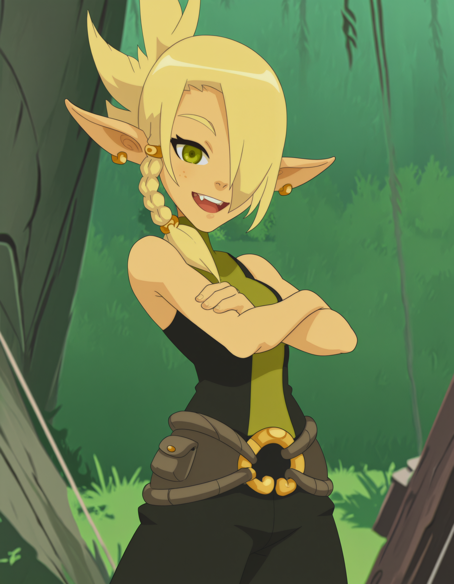 cleophee,solo pointy ears, blonde hair, jewelry,sleeveless, pants ,belt,  braid, green eyes, hair over one eye, 1girl, bare shoulders,cowboy shot, outdoors,smile,crossed arms,looking at viewer, open mouth,    <lora:CleopheeIllustrious1.0JLFO:1>