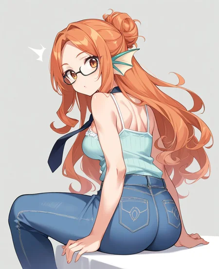 score_9, score_8_up, score_7_up, score_6_up, 1girl, solo, perfect hand, medium breasts ,muscular ,jeans ,pastel lavender_camisole ,long hair ,orange_hair ,brown_eyes ,half_updo ,curly_hair ,parted_bangs ,head fins ,necktie ,glasses ,from_behind, ass ,surprised ,sitting