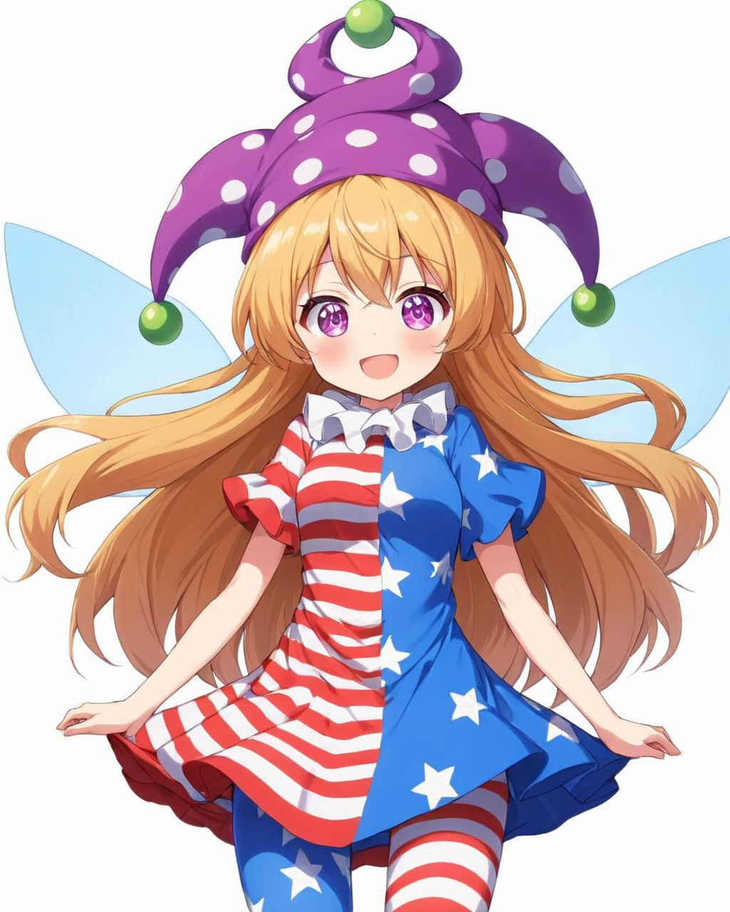 clownpiece,1girl, solo, jester_cap, white_background, pantyhose, simple_background, open_mouth, american_flag_dress, polka_dot, smile, american_flag_legwear, looking_at_viewer, v, fairy_wings, blush, star_print, star_\(symbol\), short_sleeves, neck_ruff, striped_dress, purple_headwear, standing
<lora:clownpiece_image6545_2023-12-20:1>,star-shaped_pupils,symbol-shaped_pupils,. gorgeous,key visual, vibrant, studio anime,award-winning, professional, highly detailed,high budget, cinemascope