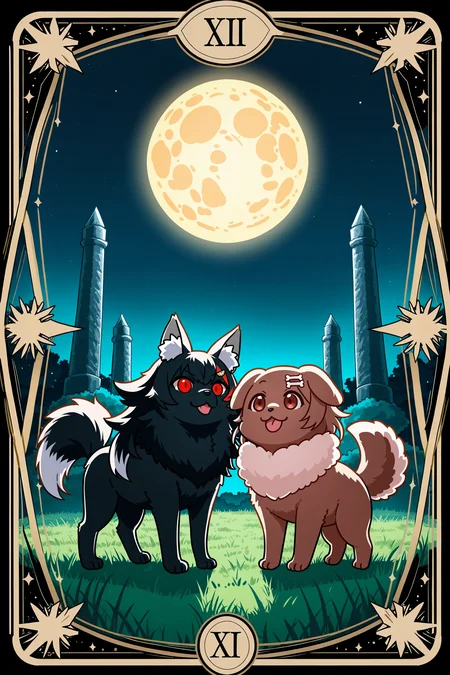 inugami korone \(dog\),inugami korone as a cute round fluffy cartoon dog,black wolf ookami mio with red eyes,tarot card,the moon,both standing on grass,howling at a glowing full moon in the sky,fantasy night scene,tarot card style,the moon tarot,symmetrical composition,tall white stone towers in background,