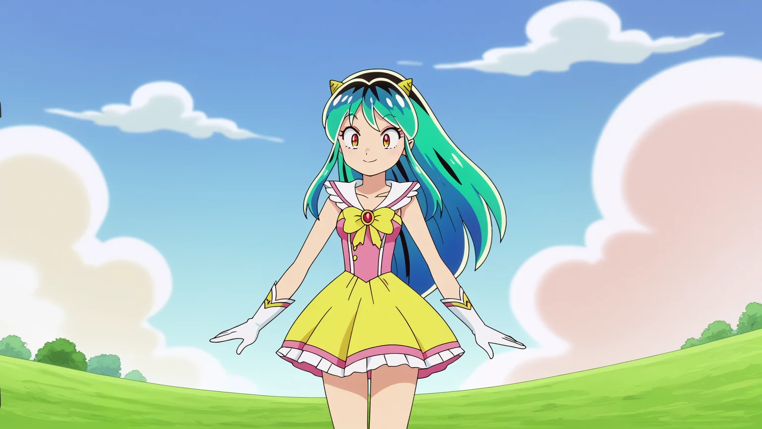 anime screencap, Dreamlike realm with floating islands and cotton candy clouds, BREAK anime screencap, Magical Girl Dress, Lum, light smile, oni horns, Arching back with a sultry look, <lora:Private_Urusei_Yatsura_2022_-Lum-_PDXL_v2:0.8>