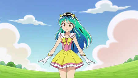 anime screencap, Dreamlike realm with floating islands and cotton candy clouds, BREAK anime screencap, Magical Girl Dress, Lum, light smile, oni horns, Arching back with a sultry look, <lora:Private_Urusei_Yatsura_2022_-Lum-_PDXL_v2:0.8>