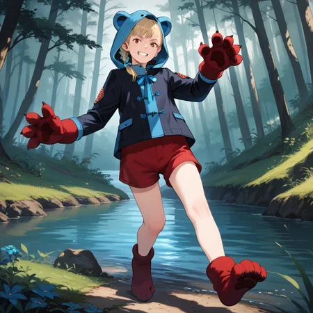 anime coloring, score_9, score_8_up, score_7_up, score_6_up, natalia-korda, resident evil, 1girl, blue ribbon, red eyes, blonde hair, lips, braid, black jacket, paw gloves, red shorts, marching, menacing grin, evil expression, in the forest, creek, undergrowth, succulents, animal hood, (bear costume:0.7)