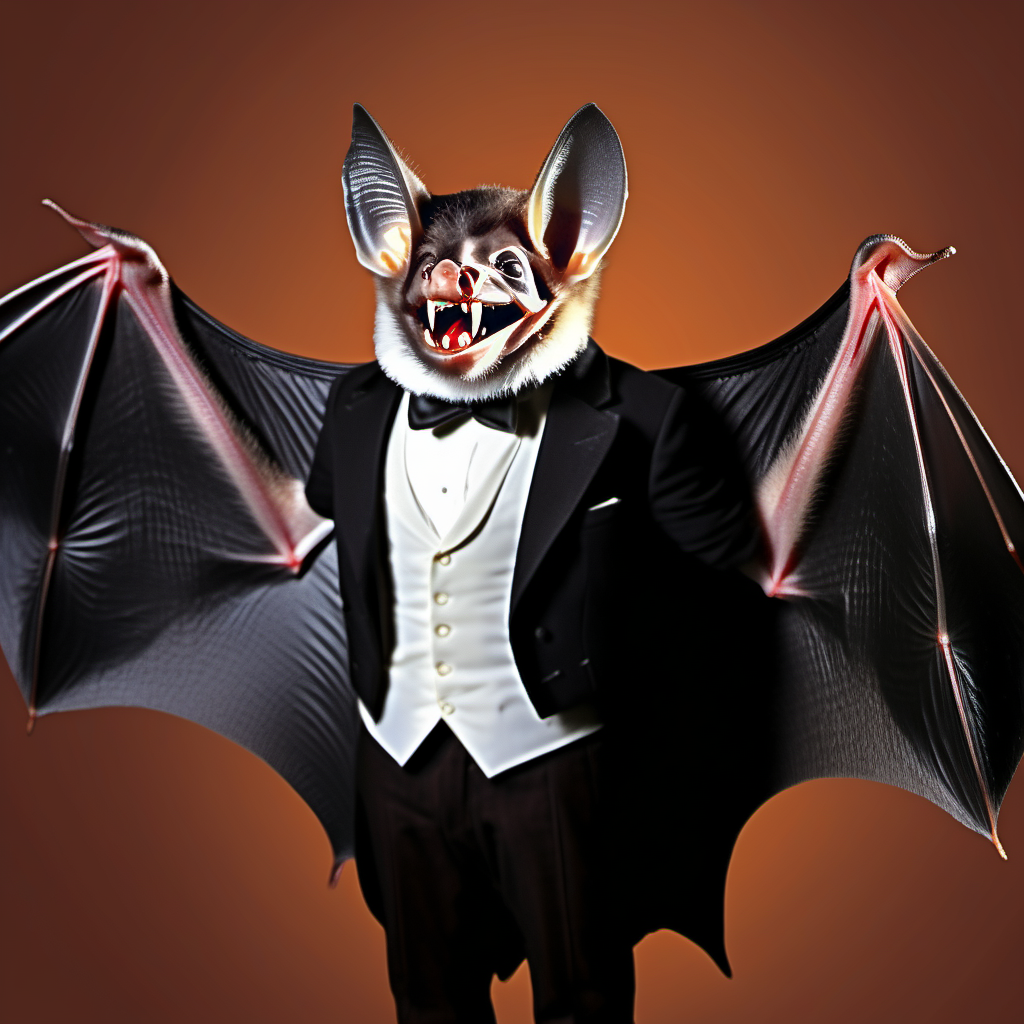 photorealistic, gentleman bats01 in a tuxedo face enhanced, wings no arms in the theatre district,  in the style of <lora:bats01-xl:1>