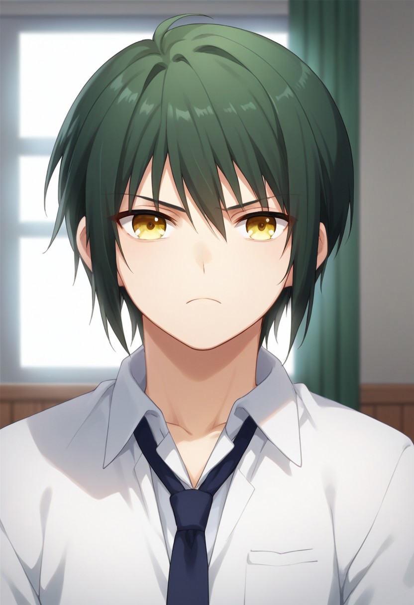 score_9, score_8_up, score_7_up, source_anime, highly detailed, 
ayato, solo, 1boy, male focus, yellow eyes, school uniform,  necktie, looking at viewer, green hair, shirt, white shirt, frown,
indoor, school,