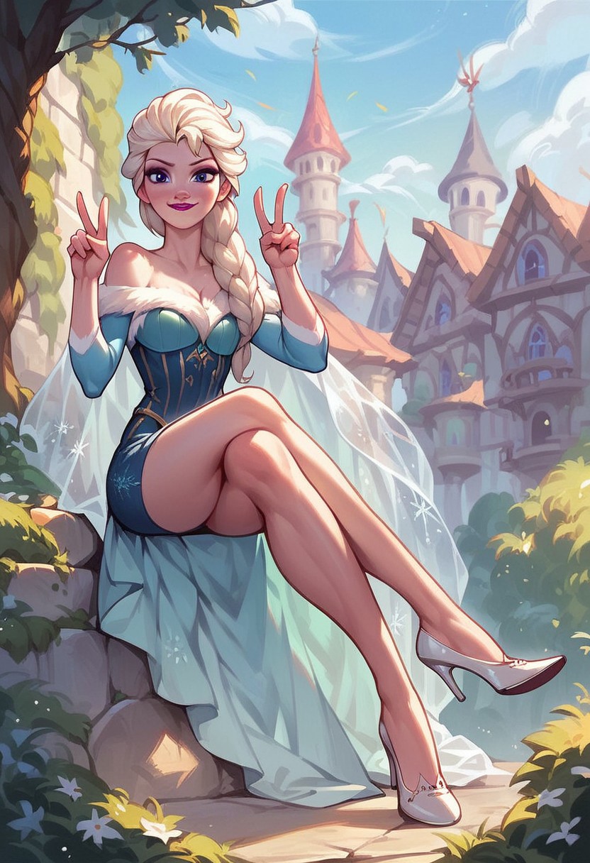 score_9, score_8_up, score_7_up, score_6_up, score_5_up, score_4_up, elsa \(frozen\), high heels, showing shoe, Shoe focus, foreshortening, looking at viewer, double v, outdoors,