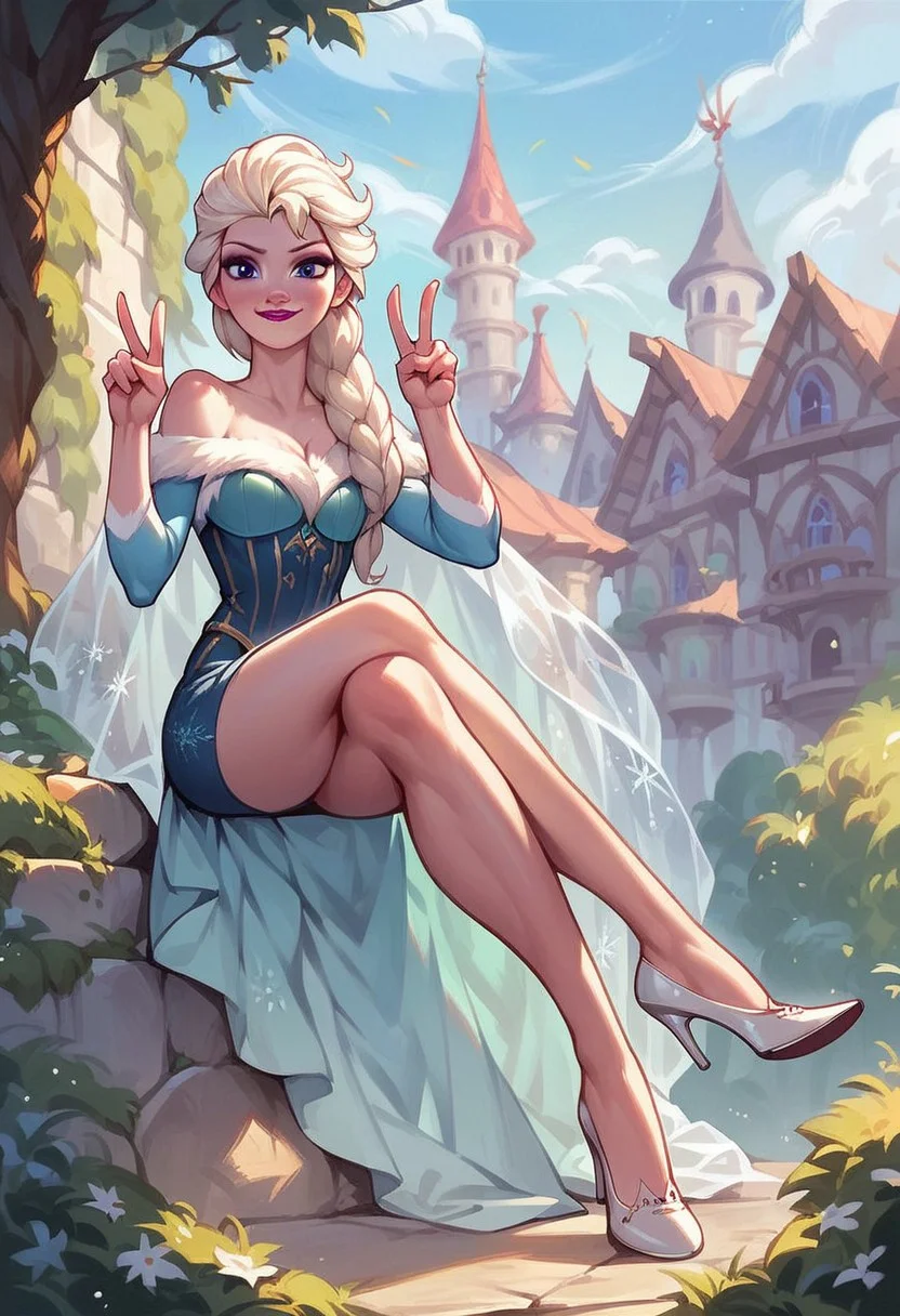 score_9, score_8_up, score_7_up, score_6_up, score_5_up, score_4_up, elsa \(frozen\), high heels, showing shoe, Shoe focus, foreshortening, looking at viewer, double v, outdoors,
