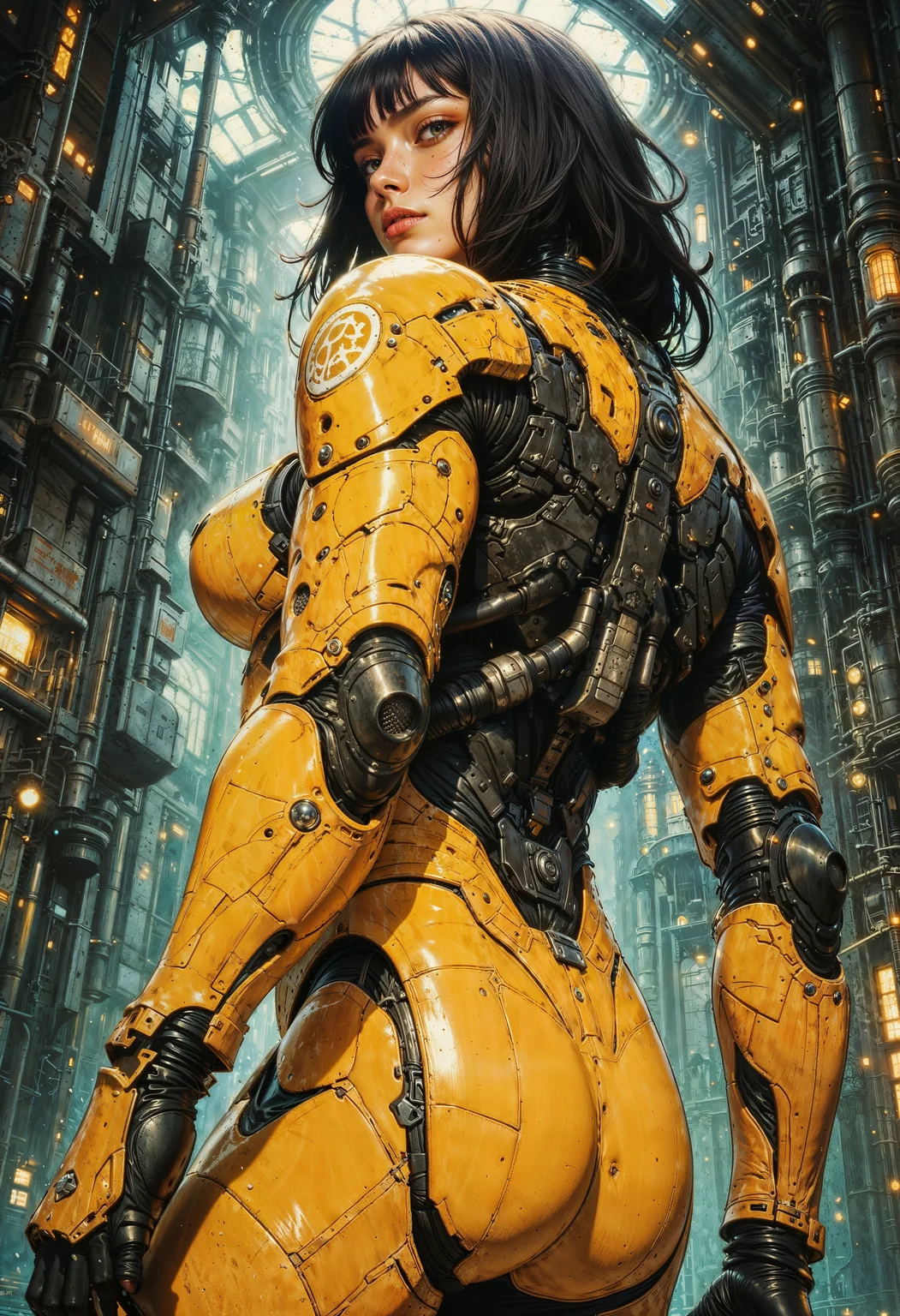 a futuristic, anime-style character in a high-tech environment. The character is a female with long, straight black hair and fair skin, wearing a detailed yellow exosuit with mechanical components. The suit is adorned with various logos and symbols, including a prominent circular emblem on the arm. The background is filled with intricate machinery and glowing lights, creating a sci-fi atmosphere. The character's pose is dynamic, with her back turned slightly, showcasing the complex design of the suit and the mechanical elements attached to it. The overall color scheme is dominated by yellows and metallic tones, enhancing the futuristic theme. <lora:FluxMythG0thicL1nes:0.6> <lora:FluxMythR3alisticF:0.5> <lora:RetroAnimeFluxV1:0.6> <lora:OB半写实肖像画V2.0:0.6>