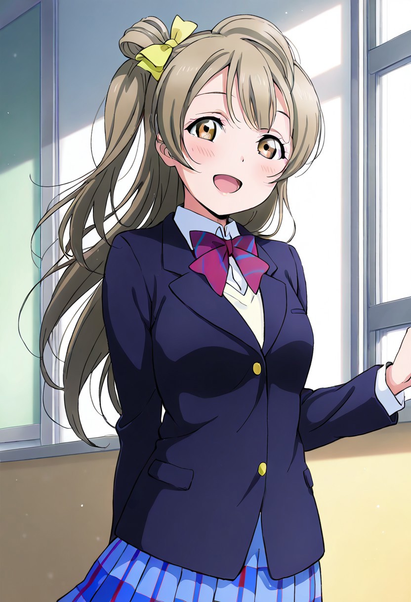 masterpiece, best quality, solo, 1girl, aged up, happy,
kotori_minami, grey hair, brown eyes, one side up, hair ribbon, ribbon, long hair, blazer, blue skirt, jacket, otonokizaka school uniform, pleated skirt, winter uniform, standing, upper body,
