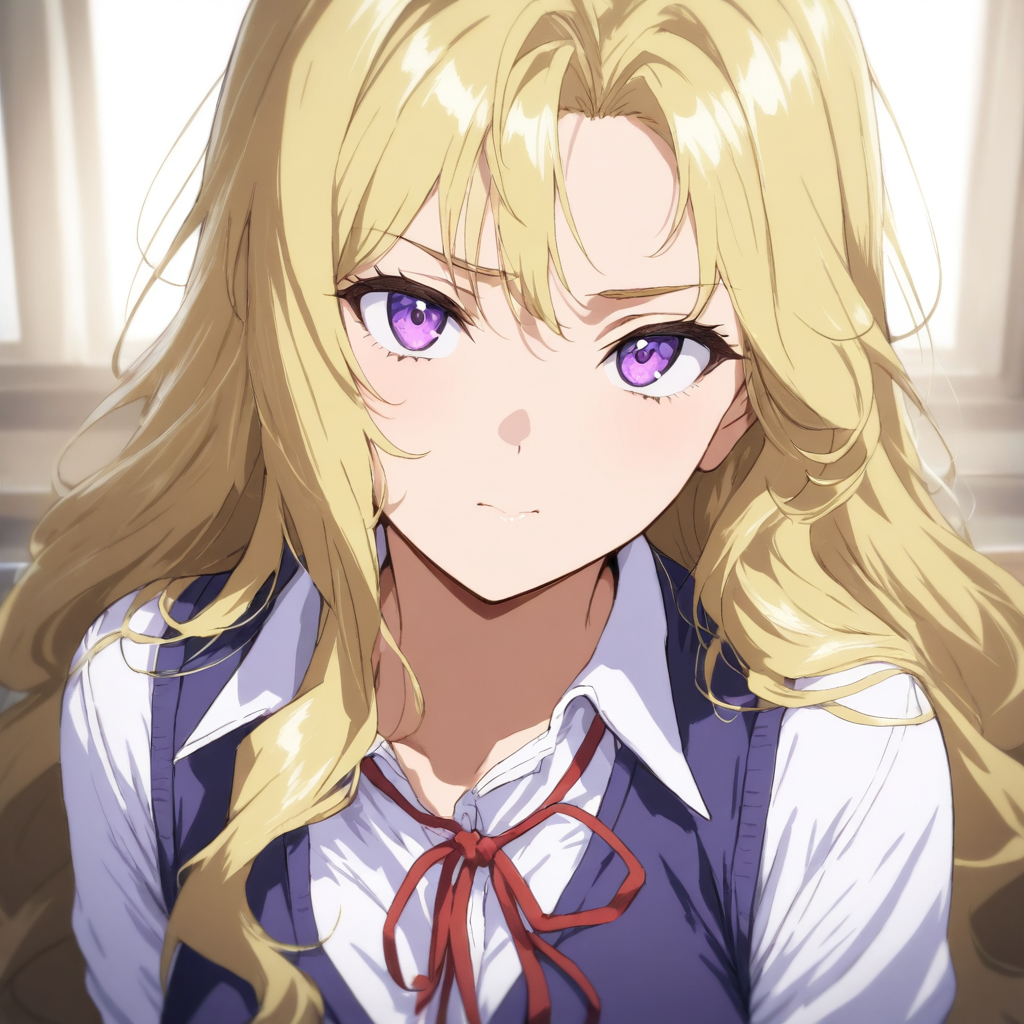 solo,looking at viewer,upper_body,portrait,masterpiece,high score,great score,absurdres,school uniform,white shirt,vest,<lora:Seito2_kisaku ag4o v1:1> seito2, blonde hair, long hair, purple eyes,red ribbon,