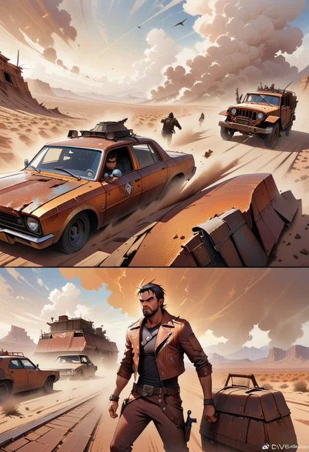 one man, black hair, clean face, square jaw, eye crinkles, annoyance, frown, kicking car, desert, old road, Jug tied to top, rust on car, aged car, bars instead of windows, side holster, knife in carrier, leather jacket, old west undershirt, dust storm in distance, dvr-rst, defined, highly detailed,