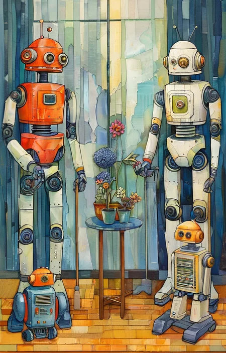masterpiece,best quality,<lora:tbh256-sdxl:0.9>,illustration,style of Alida Akers portrait of Housework robots