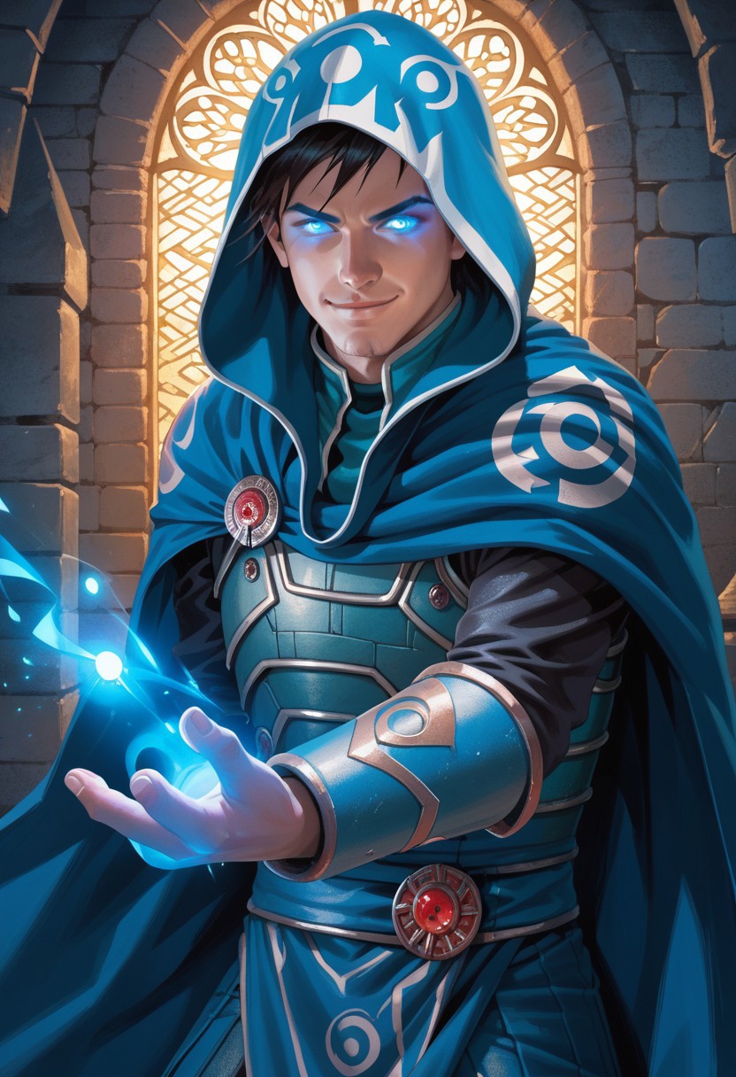 score_9, score_8_up, score_7_up, <lora:Jace_Beleren_PONYXL_-_Magic_the_Gathering:1>, , highly detailed,  raw, realistic, photo, 1boy, male focus, solo, hood, cape, glowing eyes, blue eyes, perfect hands, perfect fingers, glowing hand, blue hand, cloak, black hair, armor, smirk, in a dungeon, ready to cast a spell, action pose. Adding depth to the composition. High resolution, high detail. Highly detailed, 4k resolution.