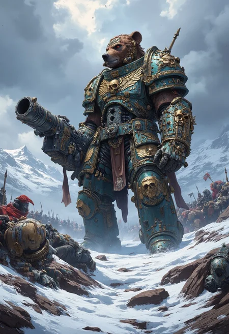 ((Dark fantasy art))
The image depicts a massive, humanoid bear standing in a snowy battlefield. The bear is dressed in dark fantasy armor and adorned with skulls, chains, and furs. holding large cannon Its imposing size and fierce expression suggest a dominant warrior. Surrounding the bear are fallen soldiers and debris, giving the impression of a fierce battle. Snow-covered mountains and a cold, stormy sky form the background, enhancing the dark, brutal atmosphere of the scene.